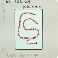 A string of beads forming the shape of a snake, with red and white beads.