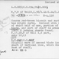 Index card with typed and handwritten information, sometimes including a sketch, of pottery from an excavation.