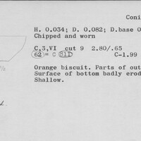 Index card with typed and handwritten information, sometimes including a sketch, of pottery from an excavation.