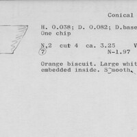 Index card with typed and handwritten information, sometimes including a sketch, of pottery from an excavation.