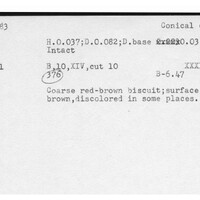 Index card with typed and handwritten information, sometimes including a sketch, of pottery from an excavation.