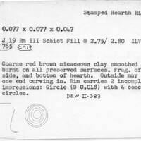 Index card with typed and handwritten information, sometimes including a sketch, of pottery from an excavation.