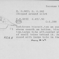 Index card with typed and handwritten information, sometimes including a sketch, of pottery from an excavation.
