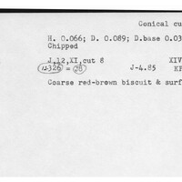 Index card with typed and handwritten information, sometimes including a sketch, of pottery from an excavation.
