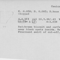 Index card with typed and handwritten information, sometimes including a sketch, of pottery from an excavation.
