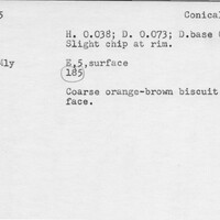 Index card with typed and handwritten information, sometimes including a sketch, of pottery from an excavation.
