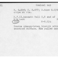 Index card with typed and handwritten information, sometimes including a sketch, of pottery from an excavation.