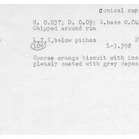 Index card with typed and handwritten information, sometimes including a sketch, of pottery from an excavation.