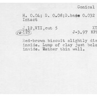 Index card with typed and handwritten information, sometimes including a sketch, of pottery from an excavation.