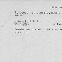 Index card with typed and handwritten information, sometimes including a sketch, of pottery from an excavation.