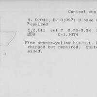 Index card with typed and handwritten information, sometimes including a sketch, of pottery from an excavation.