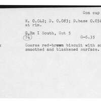 Index card with typed and handwritten information, sometimes including a sketch, of pottery from an excavation.