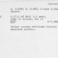Index card with typed and handwritten information, sometimes including a sketch, of pottery from an excavation.