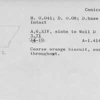 Index card with typed and handwritten information, sometimes including a sketch, of pottery from an excavation.