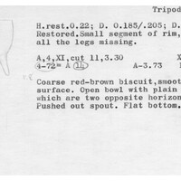Index card with typed and handwritten information, sometimes including a sketch, of pottery from an excavation.