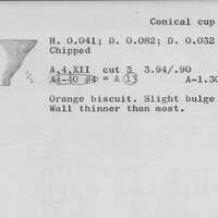 Index card with typed and handwritten information, sometimes including a sketch, of pottery from an excavation.