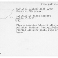 Index card with typed and handwritten information, sometimes including a sketch, of pottery from an excavation.