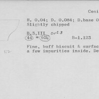 Index card with typed and handwritten information, sometimes including a sketch, of pottery from an excavation.
