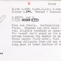 Index card with typed and handwritten information, sometimes including a sketch, of pottery from an excavation.
