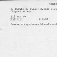 Index card with typed and handwritten information, sometimes including a sketch, of pottery from an excavation.