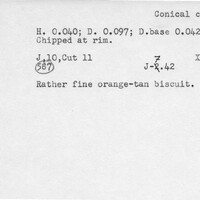 Index card with typed and handwritten information, sometimes including a sketch, of pottery from an excavation.