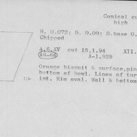 Index card with typed and handwritten information, sometimes including a sketch, of pottery from an excavation.