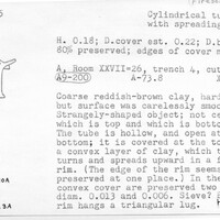 Index card with typed and handwritten information, sometimes including a sketch, of pottery from an excavation.