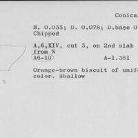 Index card with typed and handwritten information, sometimes including a sketch, of pottery from an excavation.