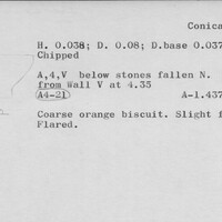 Index card with typed and handwritten information, sometimes including a sketch, of pottery from an excavation.