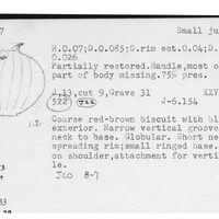 Index card with typed and handwritten information, sometimes including a sketch, of pottery from an excavation.