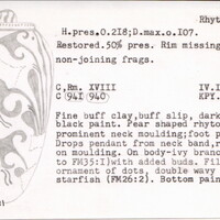 Index card with typed and handwritten information, sometimes including a sketch, of pottery from an excavation.