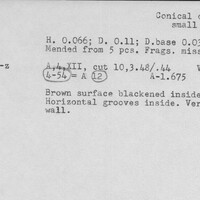 Index card with typed and handwritten information, sometimes including a sketch, of pottery from an excavation.
