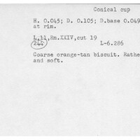 Index card with typed and handwritten information, sometimes including a sketch, of pottery from an excavation.