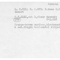 Index card with typed and handwritten information, sometimes including a sketch, of pottery from an excavation.