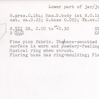 Index card with typed and handwritten information, sometimes including a sketch, of pottery from an excavation.