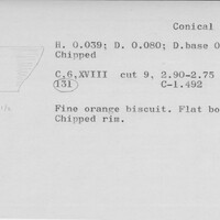 Index card with typed and handwritten information, sometimes including a sketch, of pottery from an excavation.