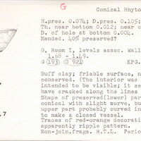 Index card with typed and handwritten information, sometimes including a sketch, of pottery from an excavation.