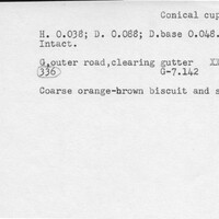 Index card with typed and handwritten information, sometimes including a sketch, of pottery from an excavation.