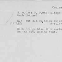 Index card with typed and handwritten information, sometimes including a sketch, of pottery from an excavation.