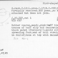Index card with typed and handwritten information, sometimes including a sketch, of pottery from an excavation.