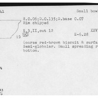 Index card with typed and handwritten information, sometimes including a sketch, of pottery from an excavation.