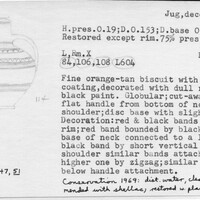Index card with typed and handwritten information, sometimes including a sketch, of pottery from an excavation.