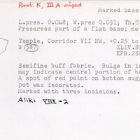 Index card with typed and handwritten information, sometimes including a sketch, of pottery from an excavation.
