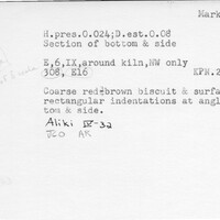 Index card with typed and handwritten information, sometimes including a sketch, of pottery from an excavation.