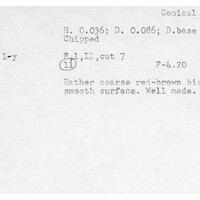 Index card with typed and handwritten information, sometimes including a sketch, of pottery from an excavation.