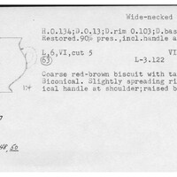 Index card with typed and handwritten information, sometimes including a sketch, of pottery from an excavation.
