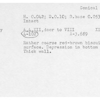 Index card with typed and handwritten information, sometimes including a sketch, of pottery from an excavation.