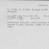 Index card with typed and handwritten information, sometimes including a sketch, of pottery from an excavation.