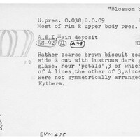 Index card with typed and handwritten information, sometimes including a sketch, of pottery from an excavation.