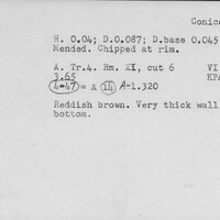 Index card with typed and handwritten information, sometimes including a sketch, of pottery from an excavation.